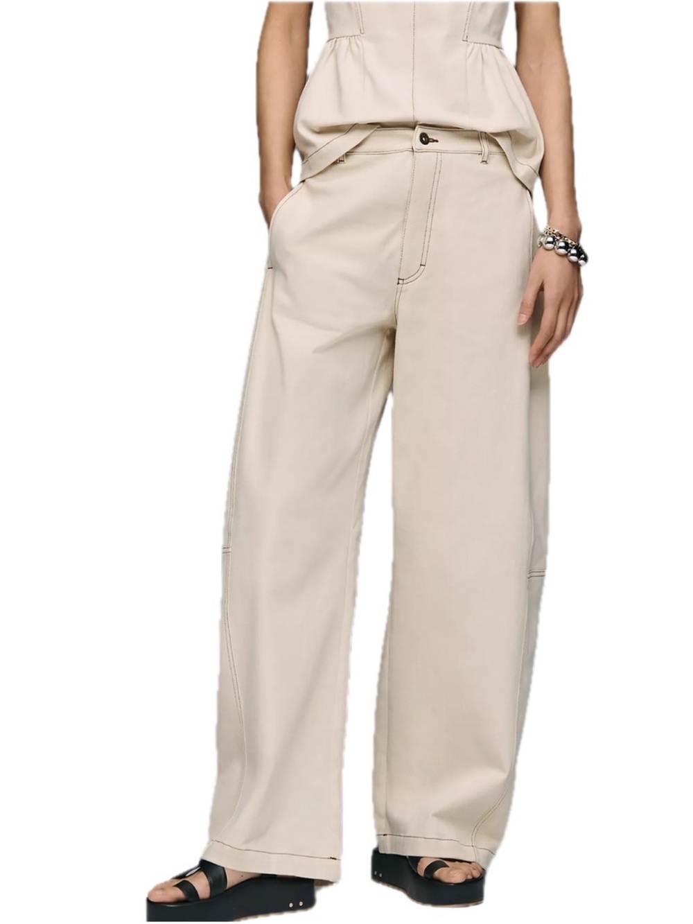 Anthropologie Maeve Curve Puddle Pants Barrel Leg Constrast Stitch Ecru NEW